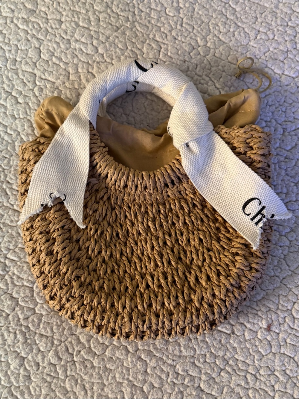 Designer Inspired Straw Circle Tote with White Scarf Handle